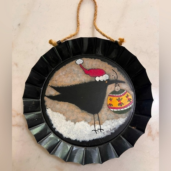 Other - Handpainted Tarte Tin Crow Santa Hat Christmas Artist Signed